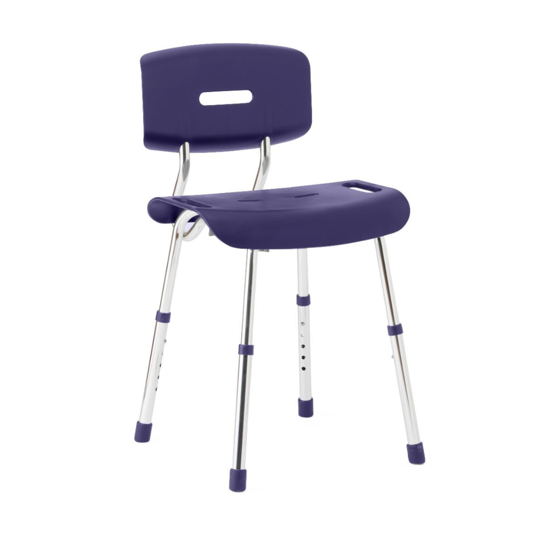 The Medline Modern Shower Chair with Backrest in purple has adjustable metal legs, offering customizable seat height. Made from durable plastic with Microban antimicrobial treatment for hygiene, it ensures stability with its rubber feet.